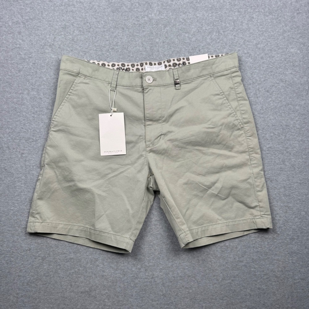 Denim & Flower Ricky Singh Mens Stretch Chino Shorts Sage Green Size 34 NWT
